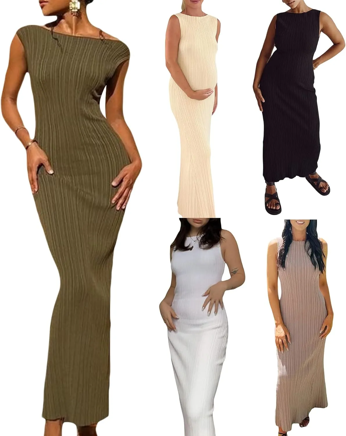 Women's Maternity Dress Rib Knit Split Bodycon Maxi Dress Slit Sleeveless Crew Neck Tank Dress Casual Dresses