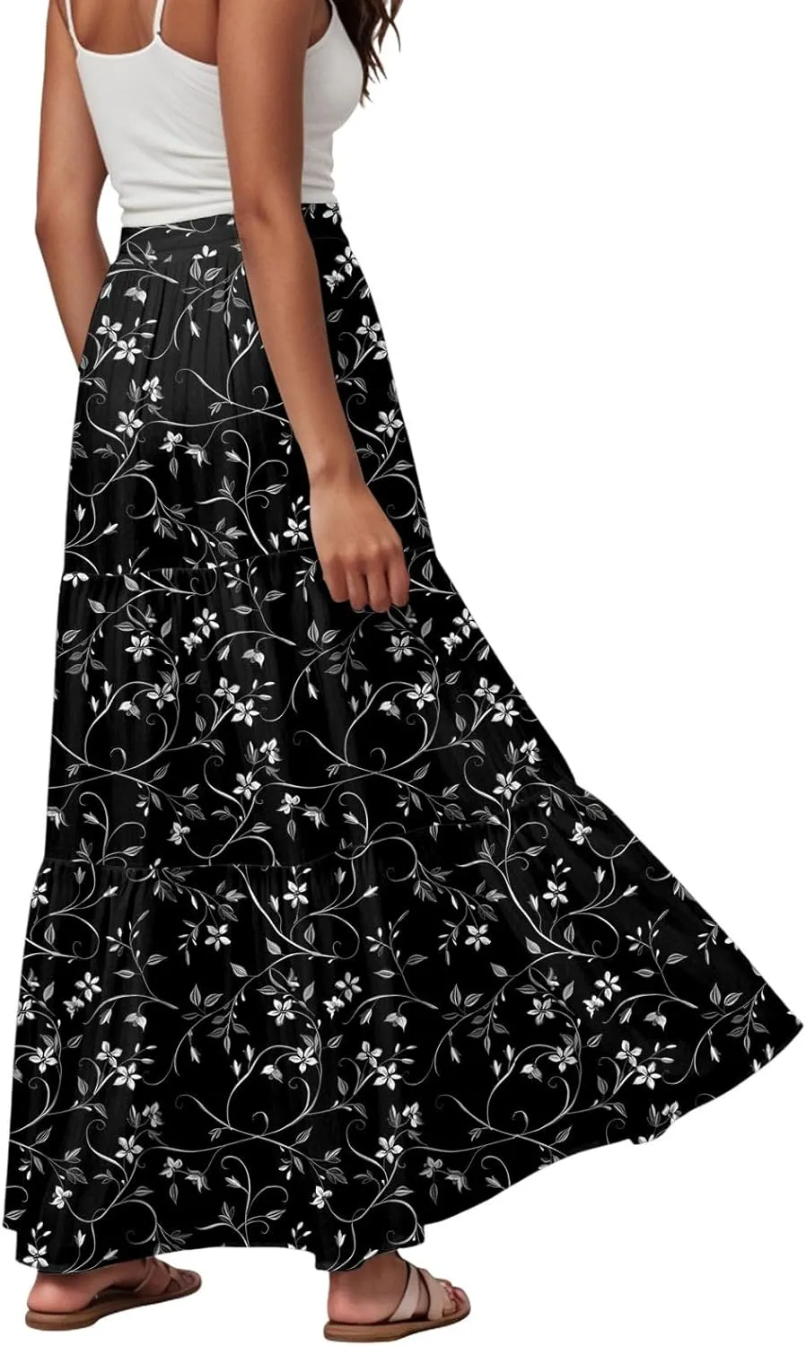 Women's Skirts 2025 Summer Casual Floral High Waist Tie Boho Vacation Beach Long Skirt with Pockets