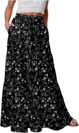 Women's Skirts 2025 Summer Casual Floral High Waist Tie Boho Vacation Beach Long Skirt with Pockets