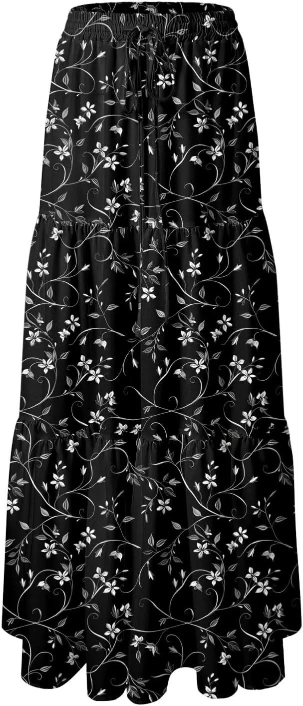 Women's Skirts 2025 Summer Casual Floral High Waist Tie Boho Vacation Beach Long Skirt with Pockets