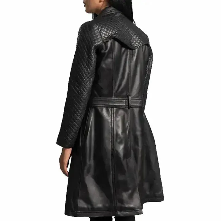 Women's Stylish Black Leather Quilted Trench Coat