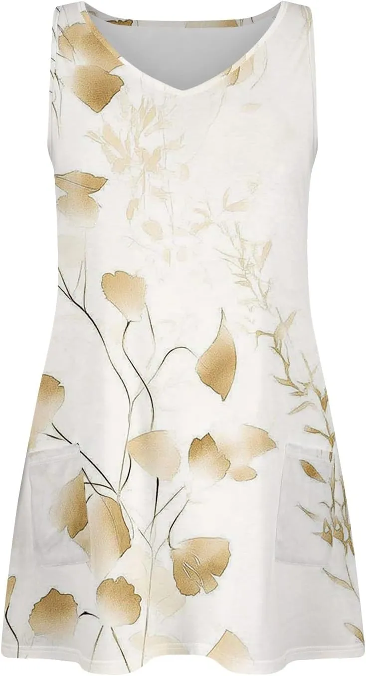 Women's Summer Dresses Beach Printed Swimsuit Coverup Vacation 2025 Sundress V Neck Sleeveless Dress with Pocket