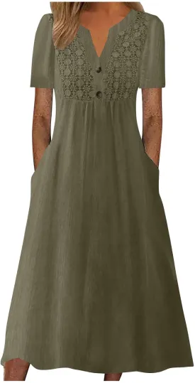 Women's Summer Petite Dress Casual Eyelet Hollow Out Short Sleeve Button V Neck A-line Dress Maxi Dress with Pockets
