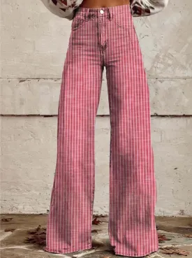 Women's Vintage Striped Bell Bottom Jeans Classic High Rise Wide Leg Baggy Denim Pants Boyfriend Jeans Pockets