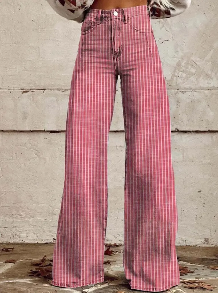 Women's Vintage Striped Bell Bottom Jeans Classic High Rise Wide Leg Baggy Denim Pants Boyfriend Jeans Pockets