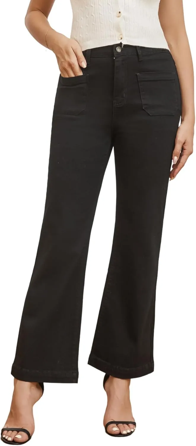 Womens Wide Leg Petite Jeans High Waisted Stretchy Cropped Flare Jeans with Patch Pockets