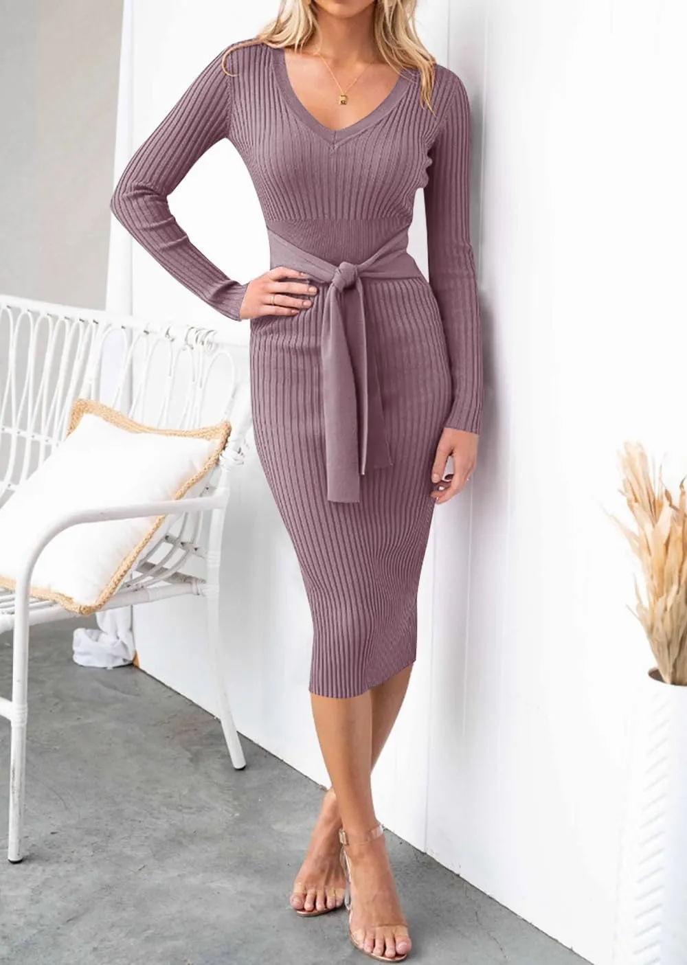 ZESICA Women's Spring Sweater Dress V Neck Long Sleeve Ribbed Knit Tie Waist Slim Fit Bodycon Midi Dresses