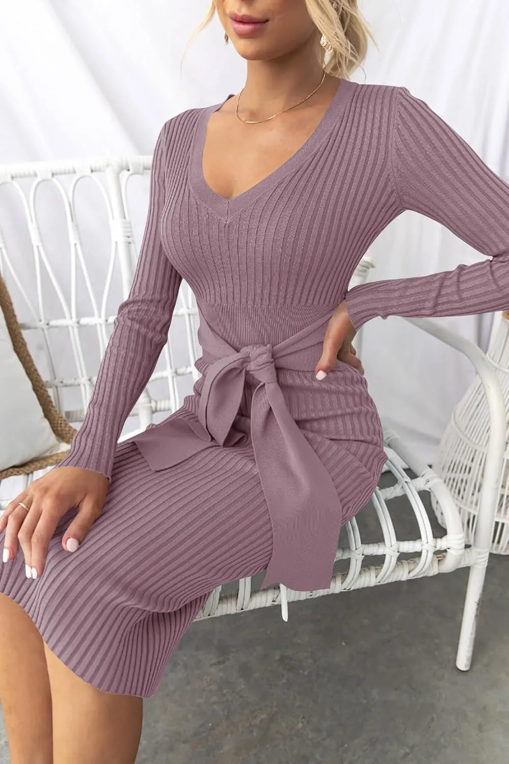 ZESICA Women's Spring Sweater Dress V Neck Long Sleeve Ribbed Knit Tie Waist Slim Fit Bodycon Midi Dresses