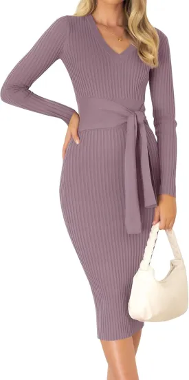 ZESICA Women's Spring Sweater Dress V Neck Long Sleeve Ribbed Knit Tie Waist Slim Fit Bodycon Midi Dresses