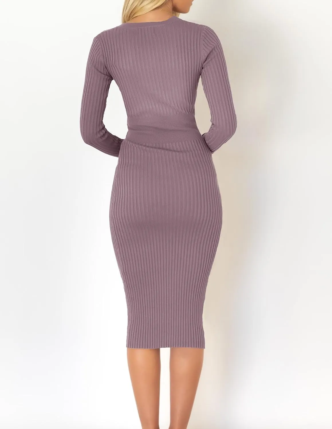 ZESICA Women's Spring Sweater Dress V Neck Long Sleeve Ribbed Knit Tie Waist Slim Fit Bodycon Midi Dresses
